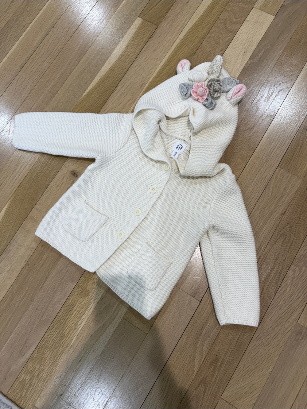 NWT GAP 100% Cotton Cream Knit Baby Hoodie Cardigan with Floral Unicorn Accent
